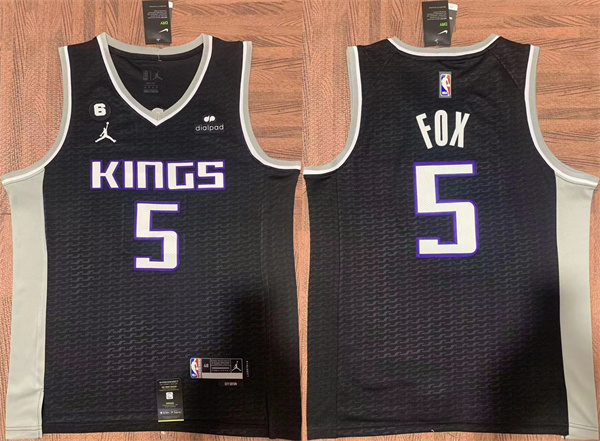 Men's Sacramento Kings #5 De'Aaron Fox Black No.6 Patch Stitched Jersey